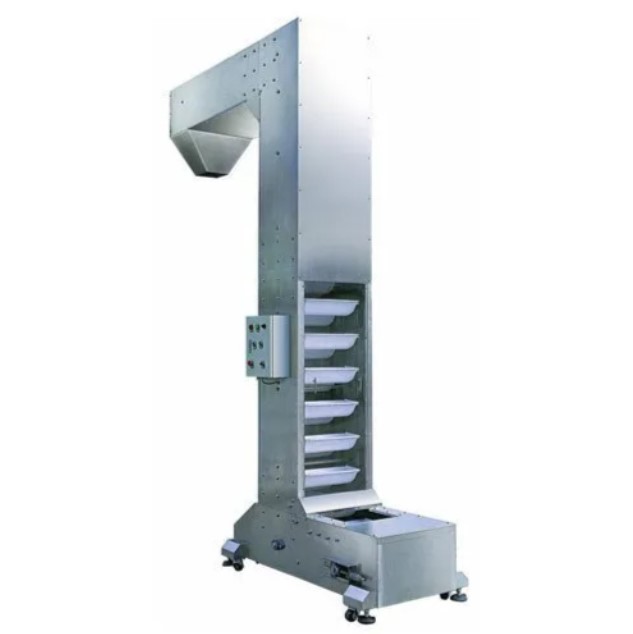 Z Type Steel Vintech Bucket Conveyor | Heavy Duty Mild Steel Chain Drive for Snacks, Grains, Namkeen & Granules | 2-5m³/h Capacity Adjustable Height 3-6m SS304 Buckets 0.75-1.5KW Food Grade Industrial Elevator